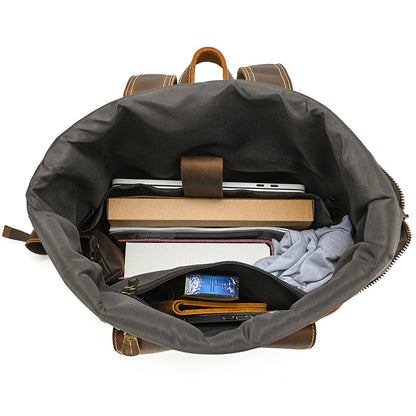 Large Crazy Horse Leather Backpack – Rolltop Travel Laptop Bag