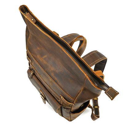 Large Crazy Horse Leather Backpack – Rolltop Travel Laptop Bag