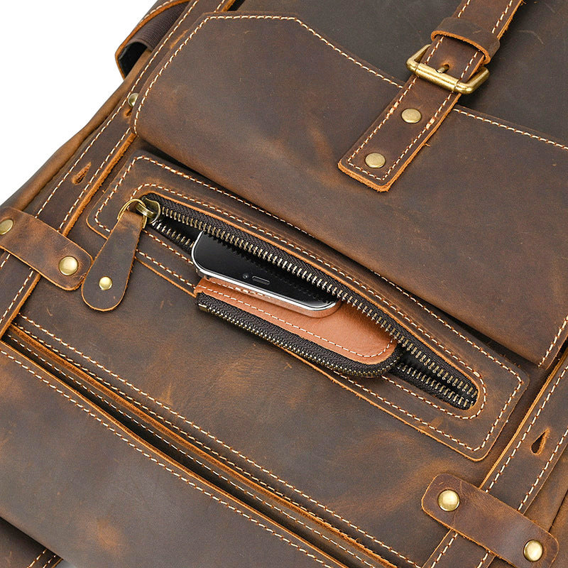 Large Crazy Horse Leather Backpack – Rolltop Travel Laptop Bag