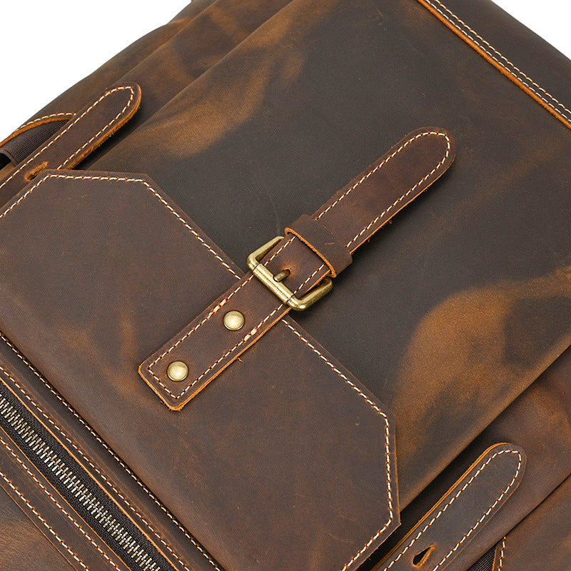 Large Crazy Horse Leather Backpack – Rolltop Travel Laptop Bag