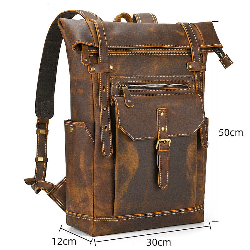Large Crazy Horse Leather Backpack – Rolltop Travel Laptop Bag