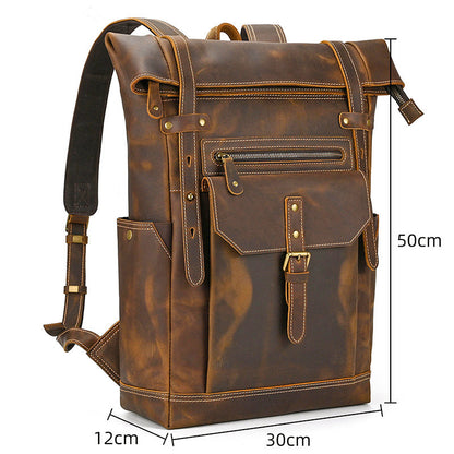 Large Crazy Horse Leather Backpack – Rolltop Travel Laptop Bag