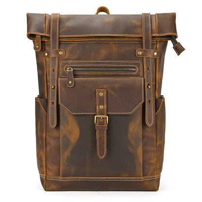 Large Crazy Horse Leather Backpack – Rolltop Travel Laptop Bag