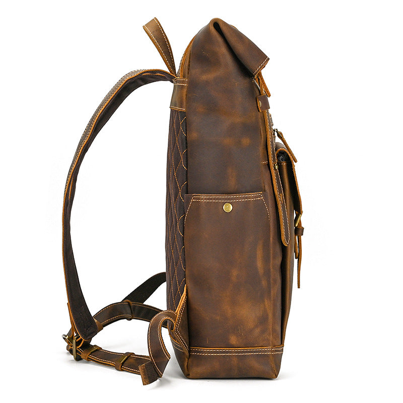 Large Crazy Horse Leather Backpack – Rolltop Travel Laptop Bag