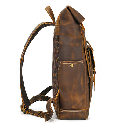 Large Crazy Horse Leather Backpack – Rolltop Travel Laptop Bag