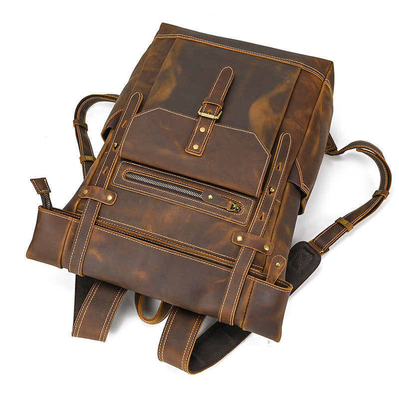 Large Crazy Horse Leather Backpack – Rolltop Travel Laptop Bag