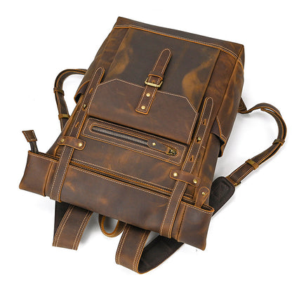 Large Crazy Horse Leather Backpack – Rolltop Travel Laptop Bag