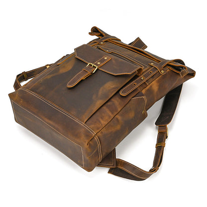 Large Crazy Horse Leather Backpack – Rolltop Travel Laptop Bag