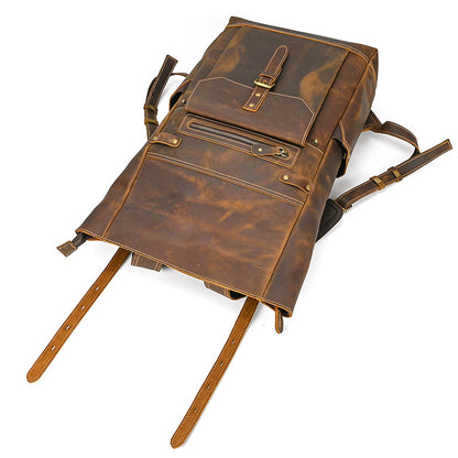 Large Crazy Horse Leather Backpack – Rolltop Travel Laptop Bag