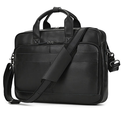 Black leather briefcase with shoulder strap on a white background