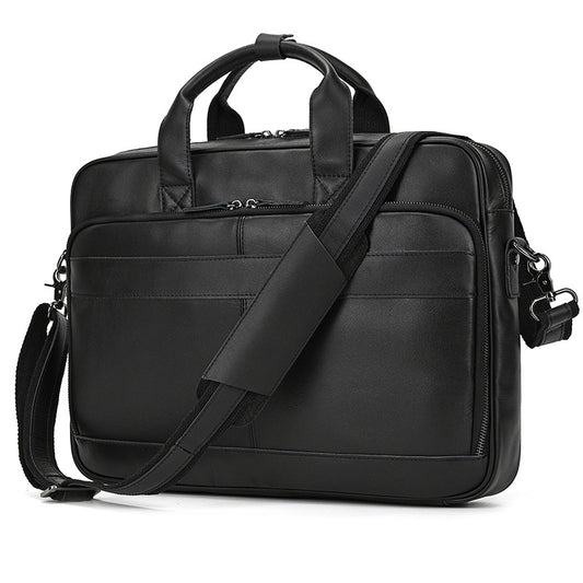 Black leather briefcase with shoulder strap on a white background