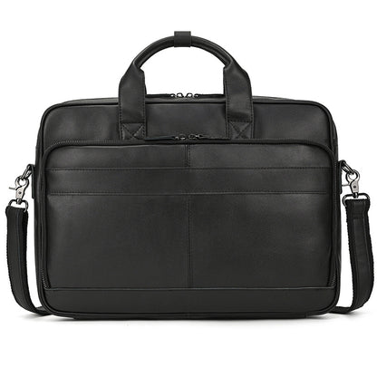 Black leather briefcase with shoulder strap on a white background