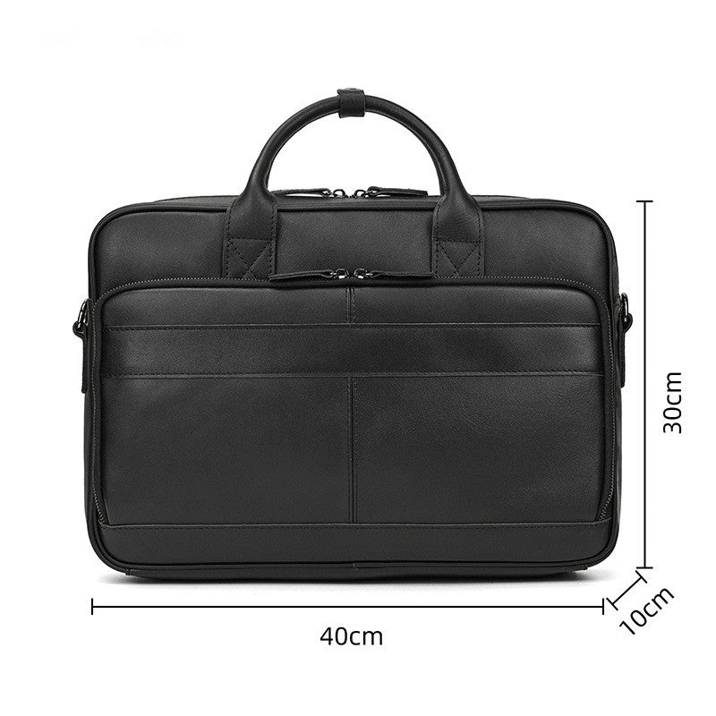 Black leather briefcase with dimensions indicated on a white background