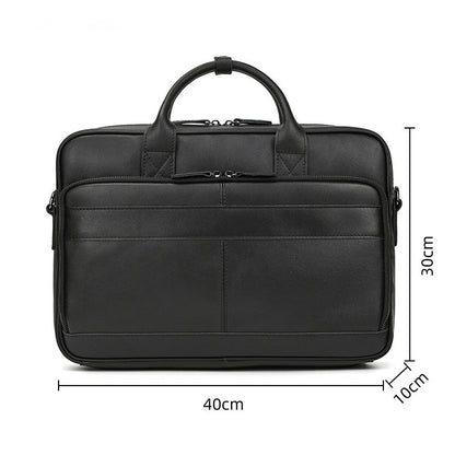 Black leather briefcase with dimensions indicated on a white background