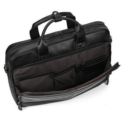 Black leather briefcase with multiple compartments on a white background