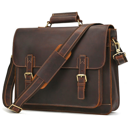 Minimalist dark brown leather briefcase with slim vintage design for daily work.