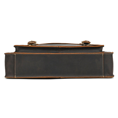 Bottom view of handcrafted slim leather business bag with precise stitching and streamlined base.