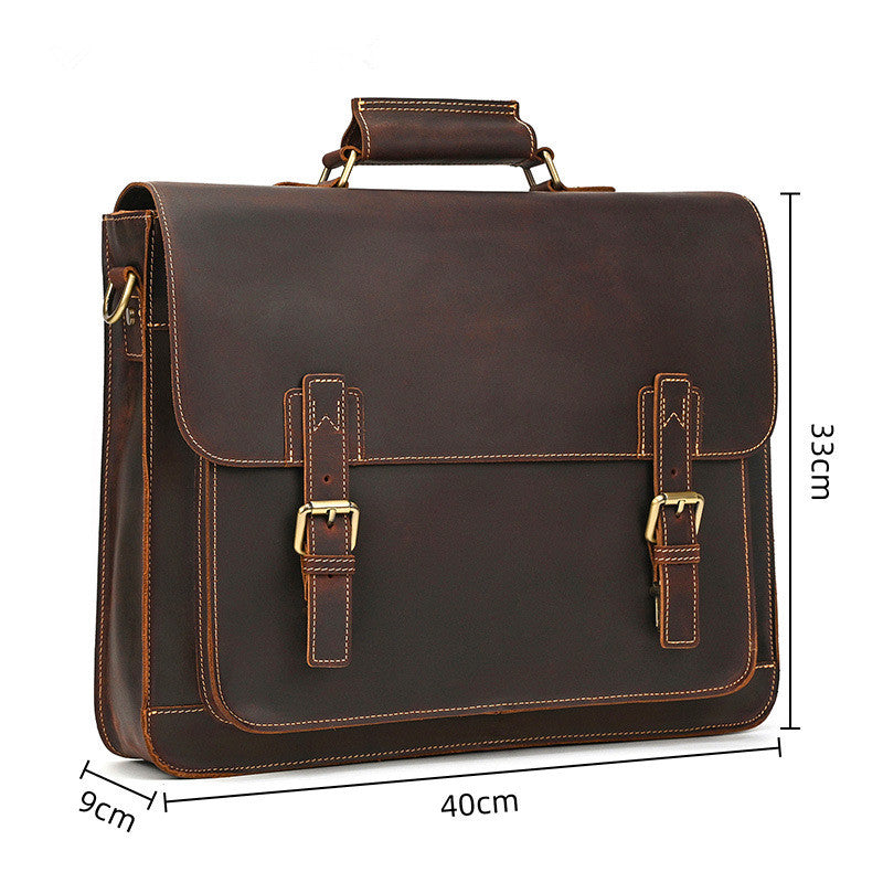 Dimensions of slim leather messenger bag: 40x30x9cm for professional office use.