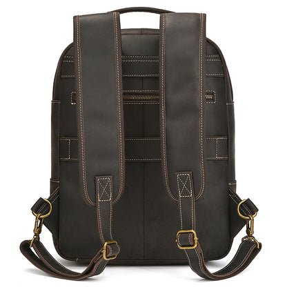 Back view of a Dark Brown leather backpack with gold buckles on a white background