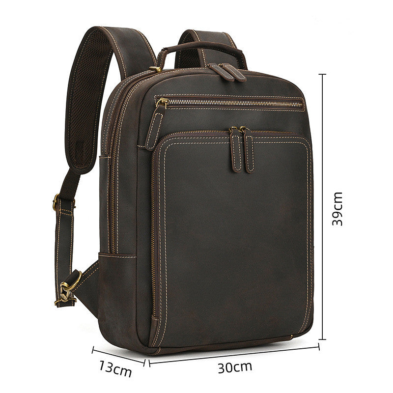 Dark Brown leather backpack with dimensions on a white background