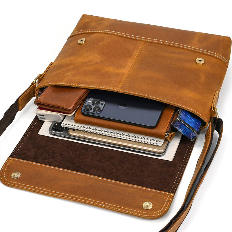 Crazy Horse Leather Slim Messenger Bag – Magnetic Flap Design