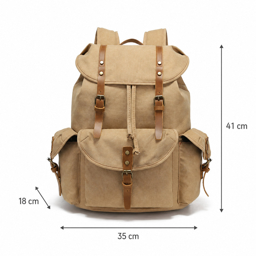 Front view of the Timbercarry vintage canvas multi-pocket backpack in khaki, displaying clear dimension annotations of 41 cm in height, 35 cm in width, and 18 cm in depth.