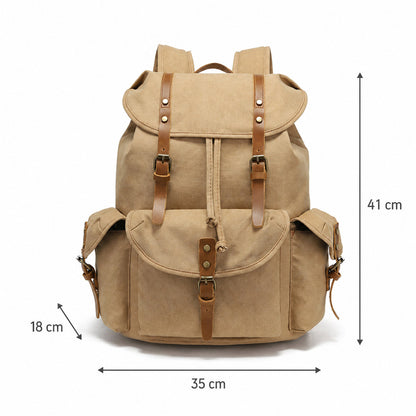 Front view of the Timbercarry vintage canvas multi-pocket backpack in khaki, displaying clear dimension annotations of 41 cm in height, 35 cm in width, and 18 cm in depth.
