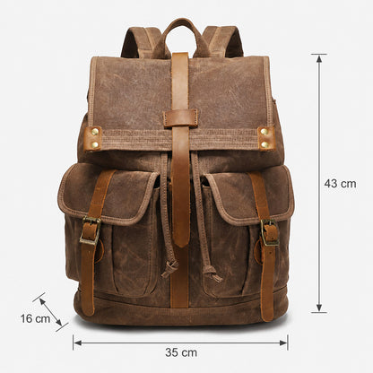 Vintage Waxed Canvas Rucksack Backpack - Dimension diagram showing the brown version, with measurements of 43 cm height, 35 cm width, and 16 cm depth.