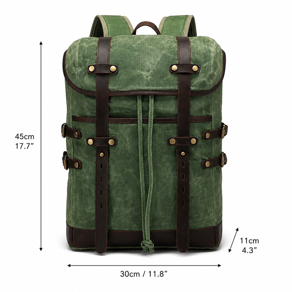 Green waxed canvas rucksack with leather accents, showing height (45cm) and width (30cm) dimension labels.