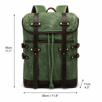 Green waxed canvas rucksack with leather accents, showing height (45cm) and width (30cm) dimension labels.