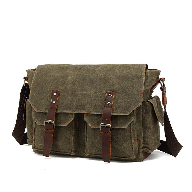 Vintage Waxed Canvas Utility Messenger Bag – Multi-Pocket Design