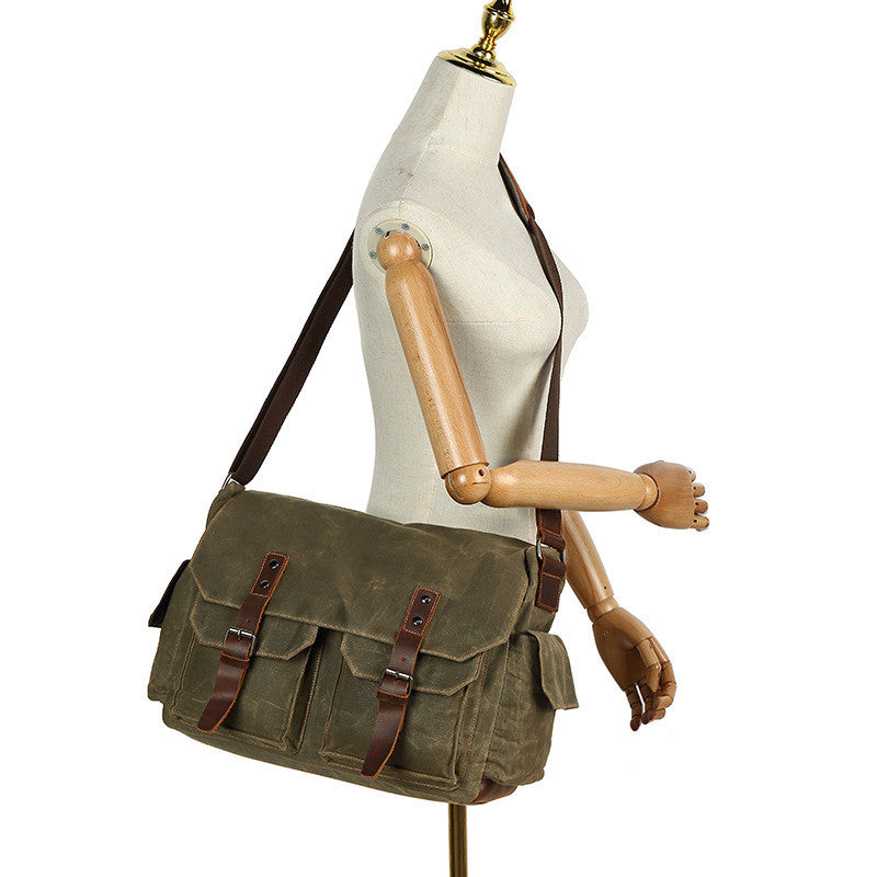 Vintage Waxed Canvas Utility Messenger Bag – Multi-Pocket Design