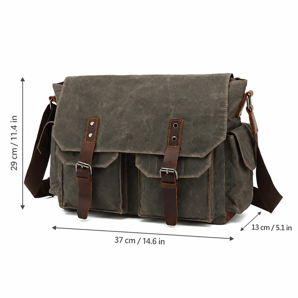 Vintage Waxed Canvas Utility Messenger Bag – Multi-Pocket Design