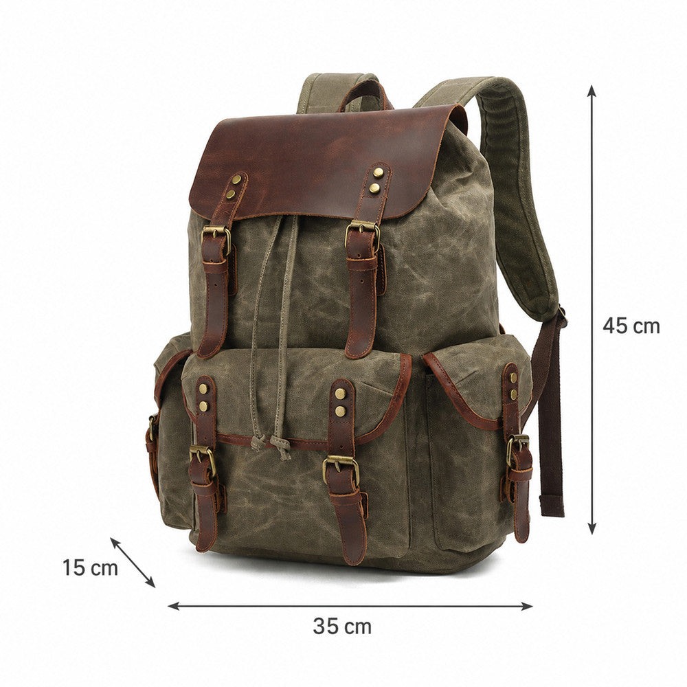 Vintage Waxed Canvas Multi-Pocket Rucksack in olive green, featuring a dimension diagram showing a height of 45 cm, width of 35 cm, and depth of 15 cm.