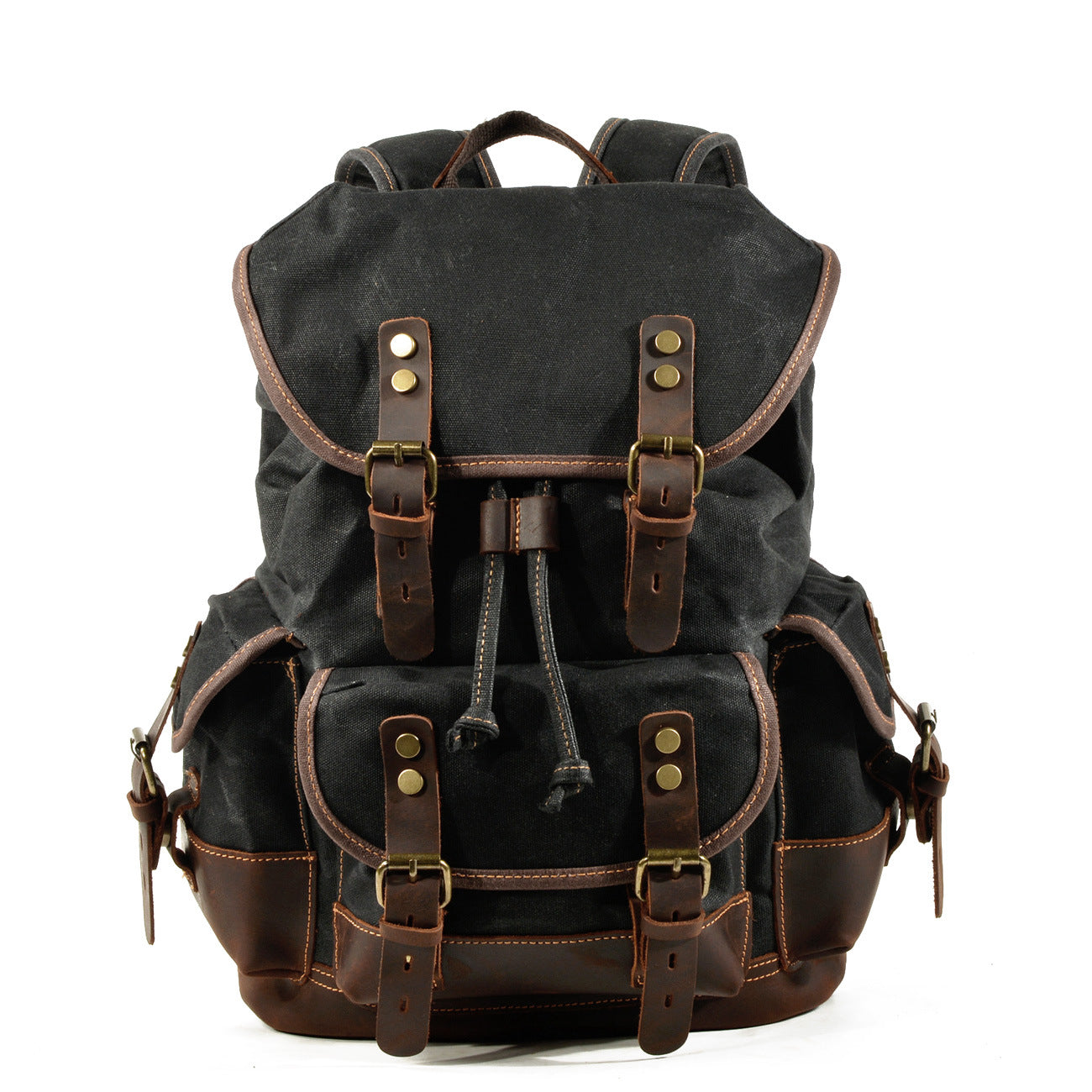 waxed canvas backpack with leather trim vintage travel style in black color