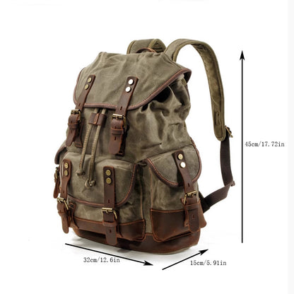 waxed canvas backpack with leather trim vintage travel style