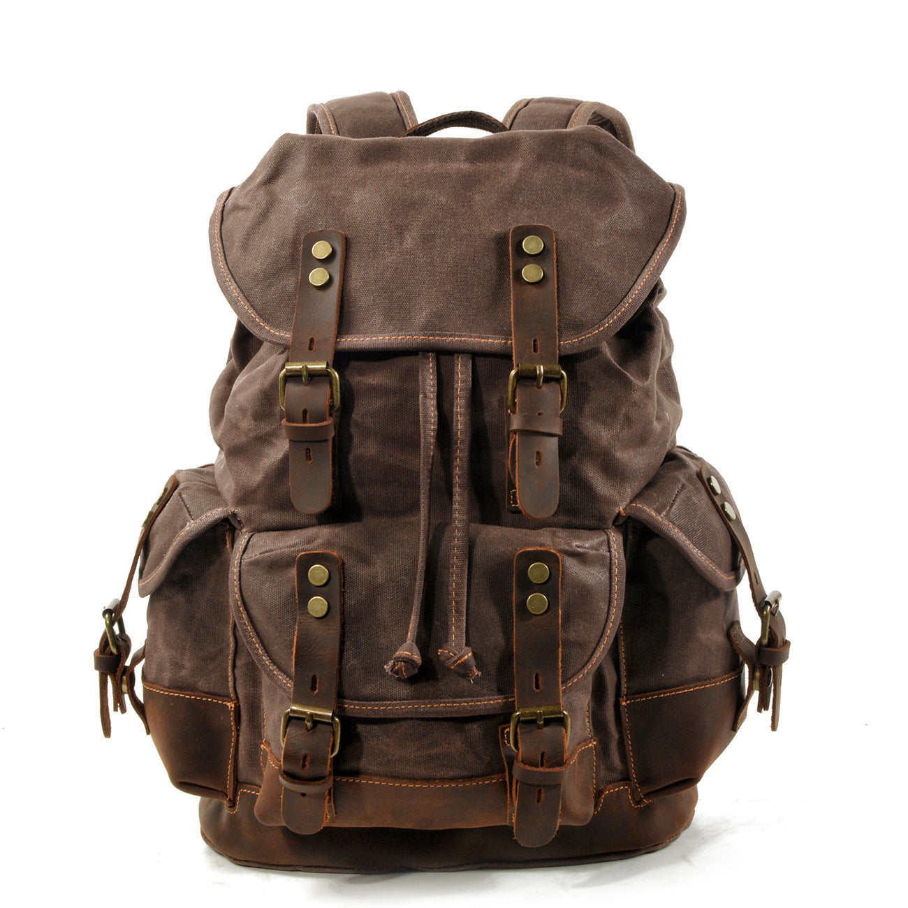 waxed canvas backpack with leather trim vintage travel style in dark brown