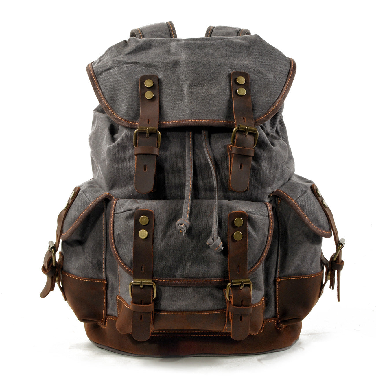waxed canvas backpack with leather trim vintage travel style in grey color