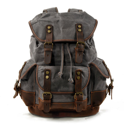 waxed canvas backpack with leather trim vintage travel style in grey color