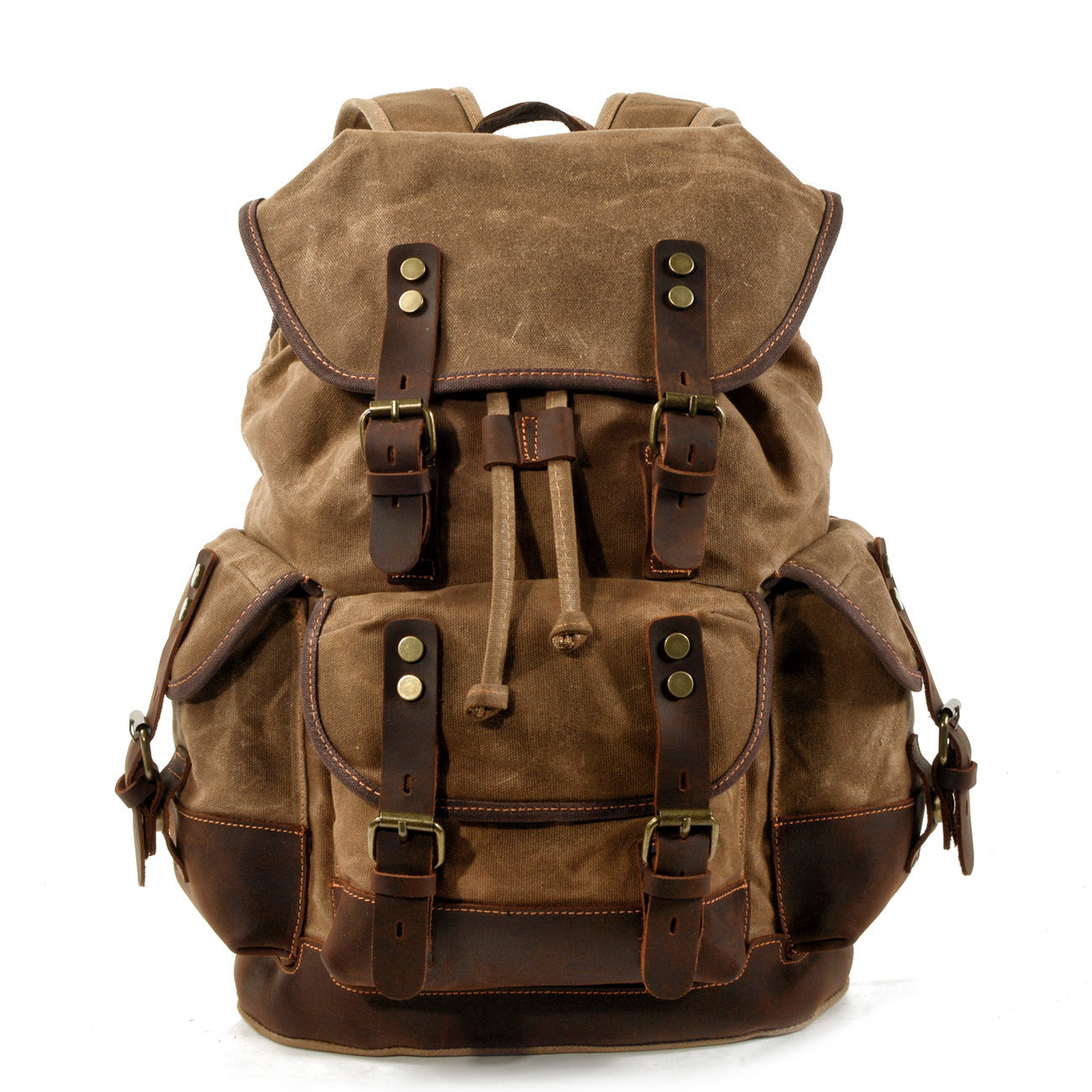 waxed canvas backpack with leather trim vintage travel style in khaki color