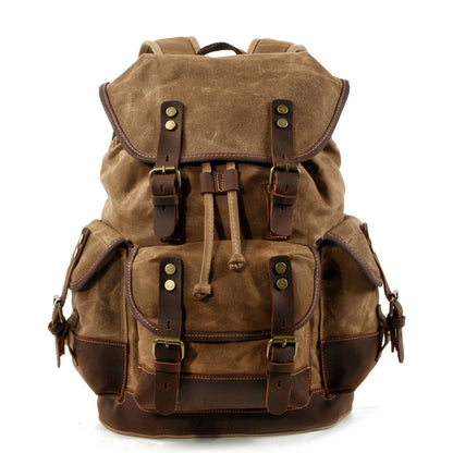 waxed canvas backpack with leather trim vintage travel style in khaki color